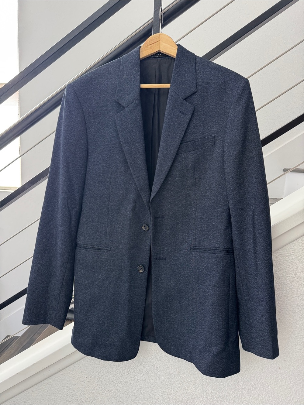 Zara Navy Textured Two-Button Blazer